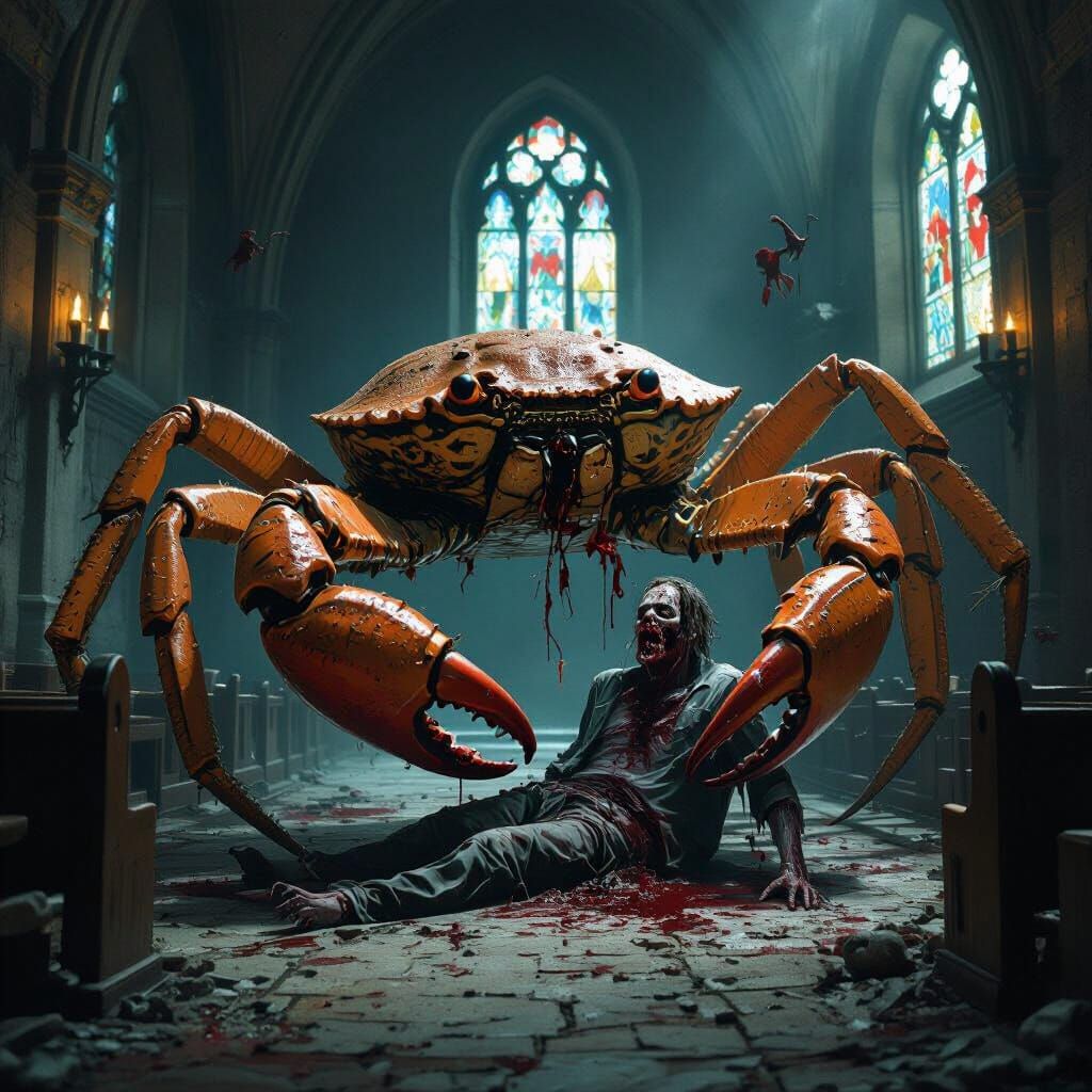 Giant Crab Devours Zombie in Dark Chapel