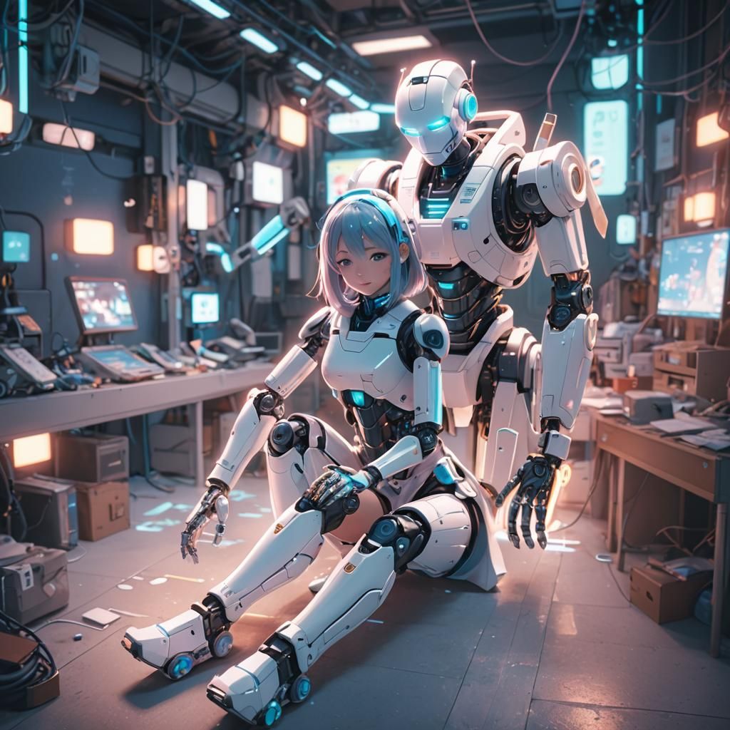 Robot Hugs Girl in Pastel Anime Style