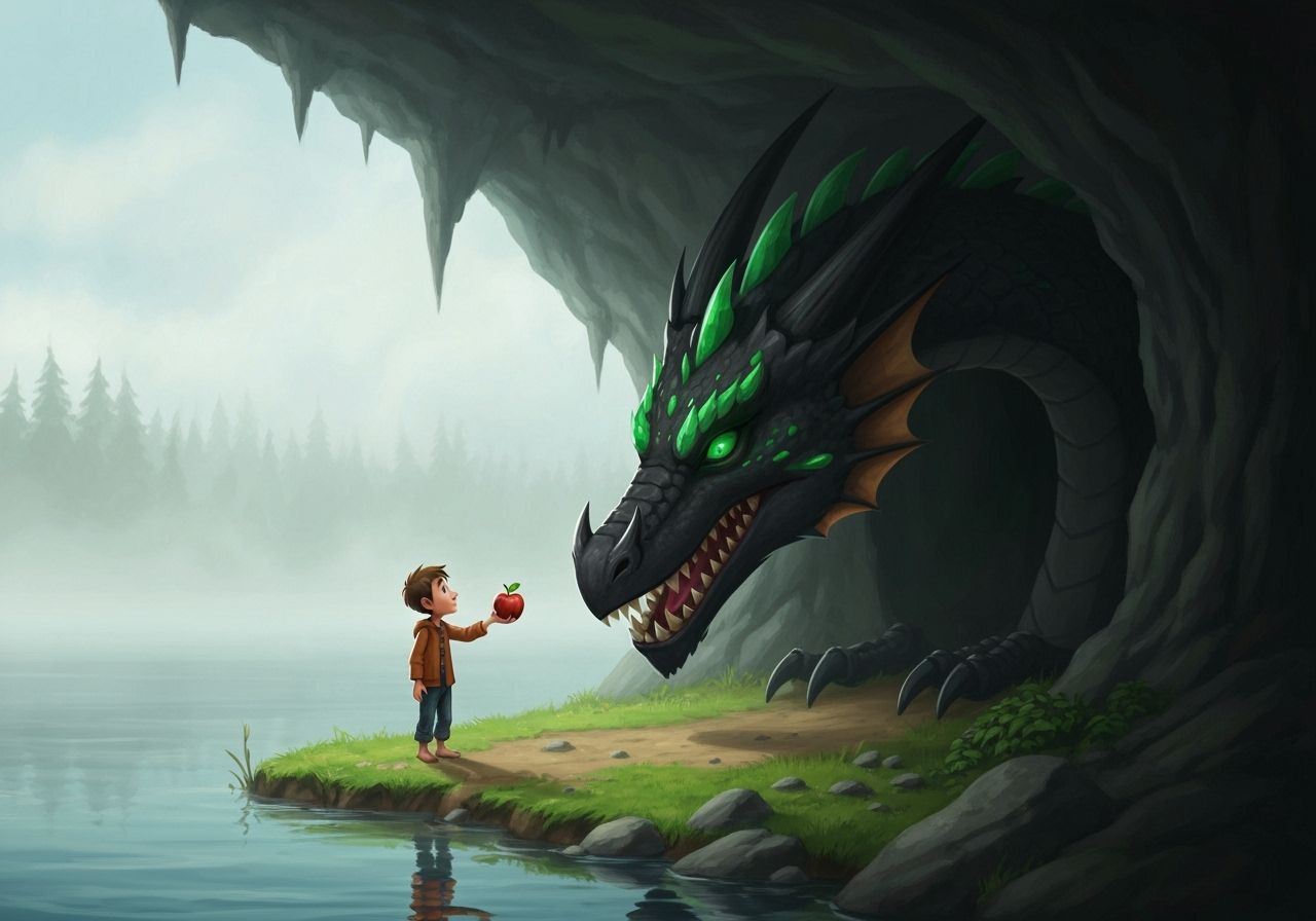 Boy Offers Apple to Dragon in Cartoon Style