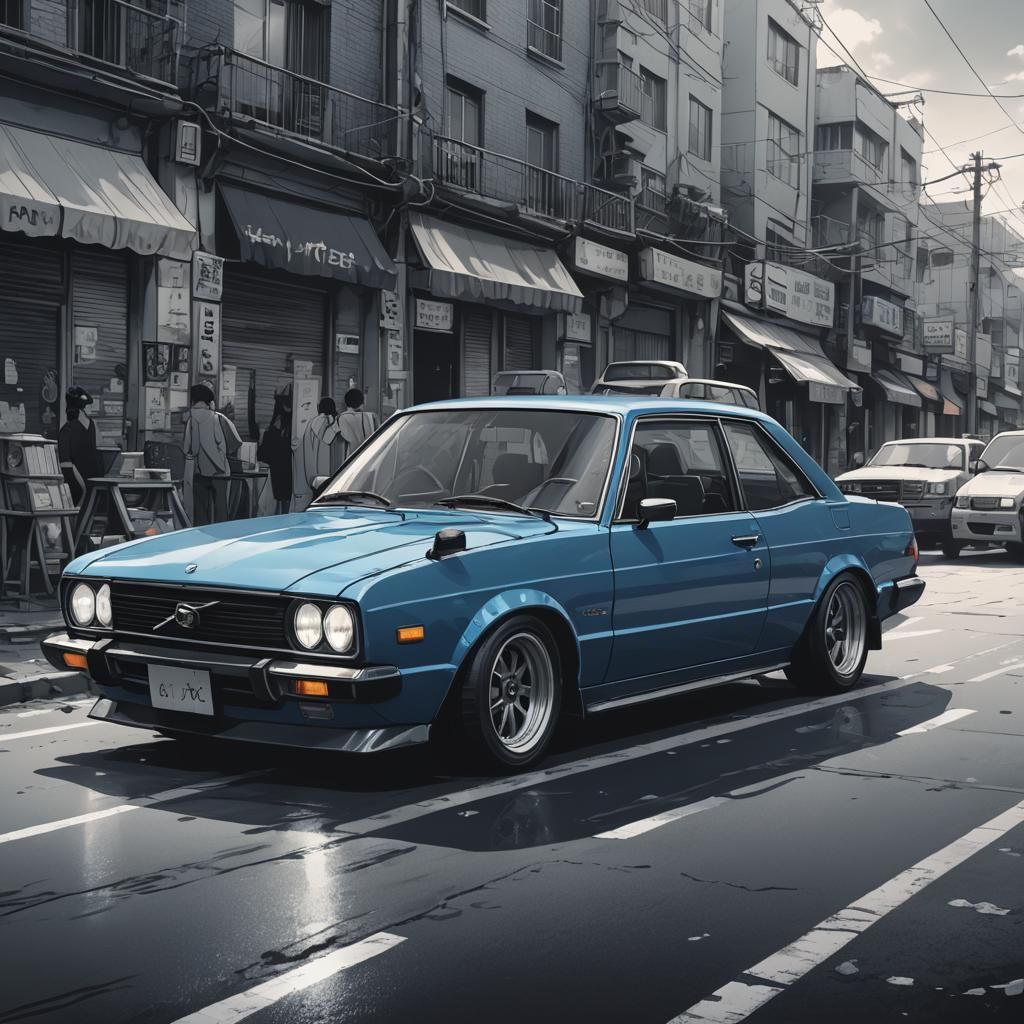 Monochrome Blue Car in Anime Cel-Shaded Style