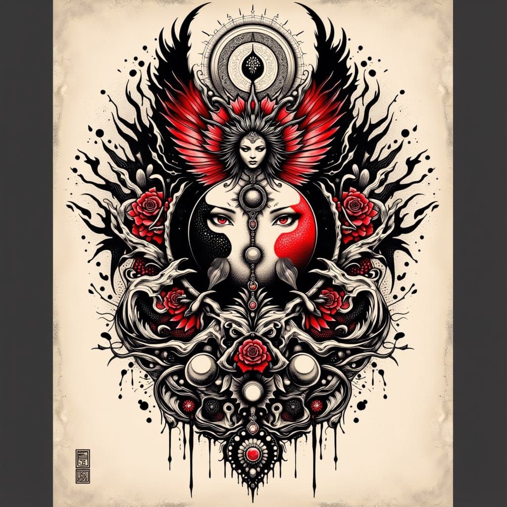 Symbolic Tattoo Design in Manga and Ink Style