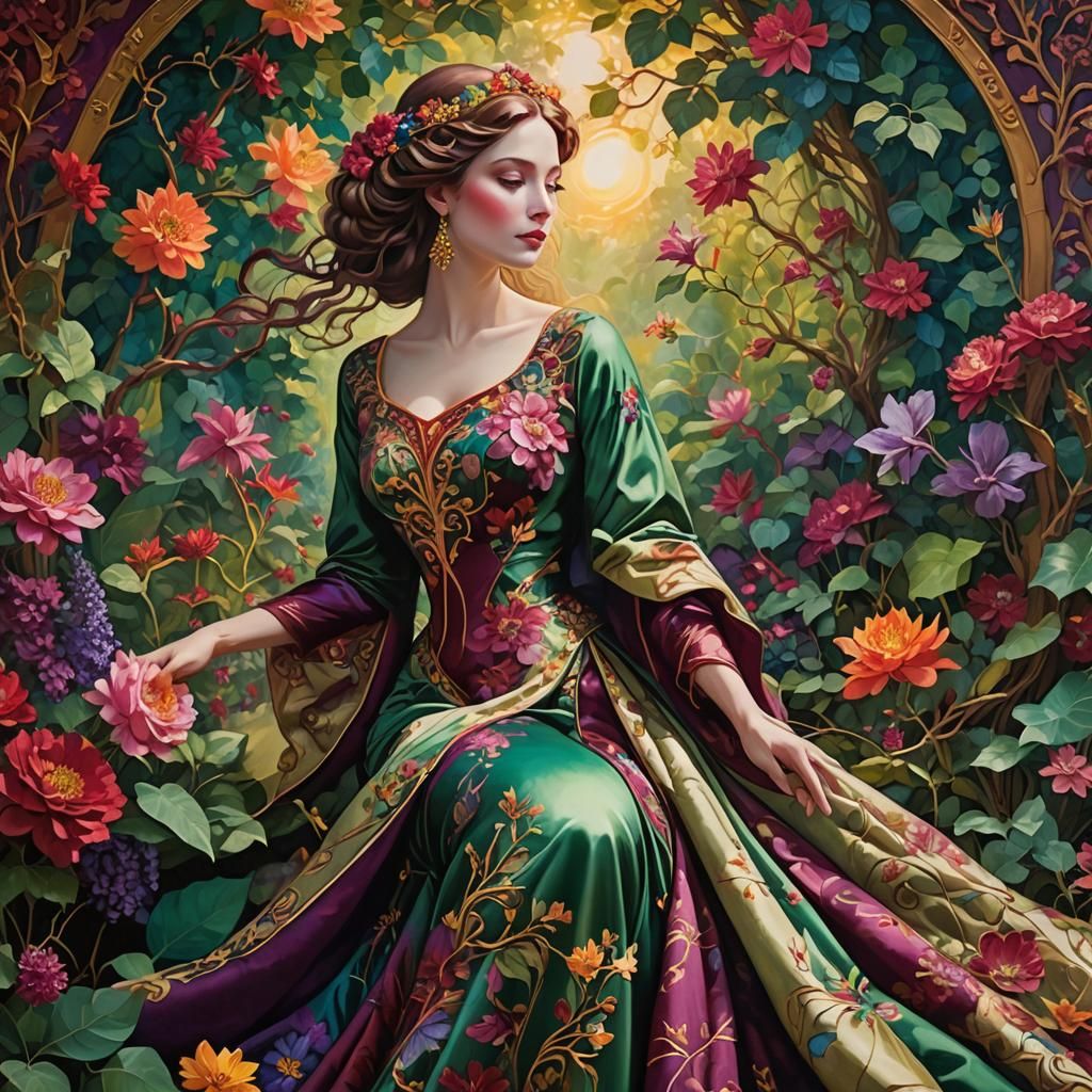 Ethereal Woman in a Lush Floral Dreamscape