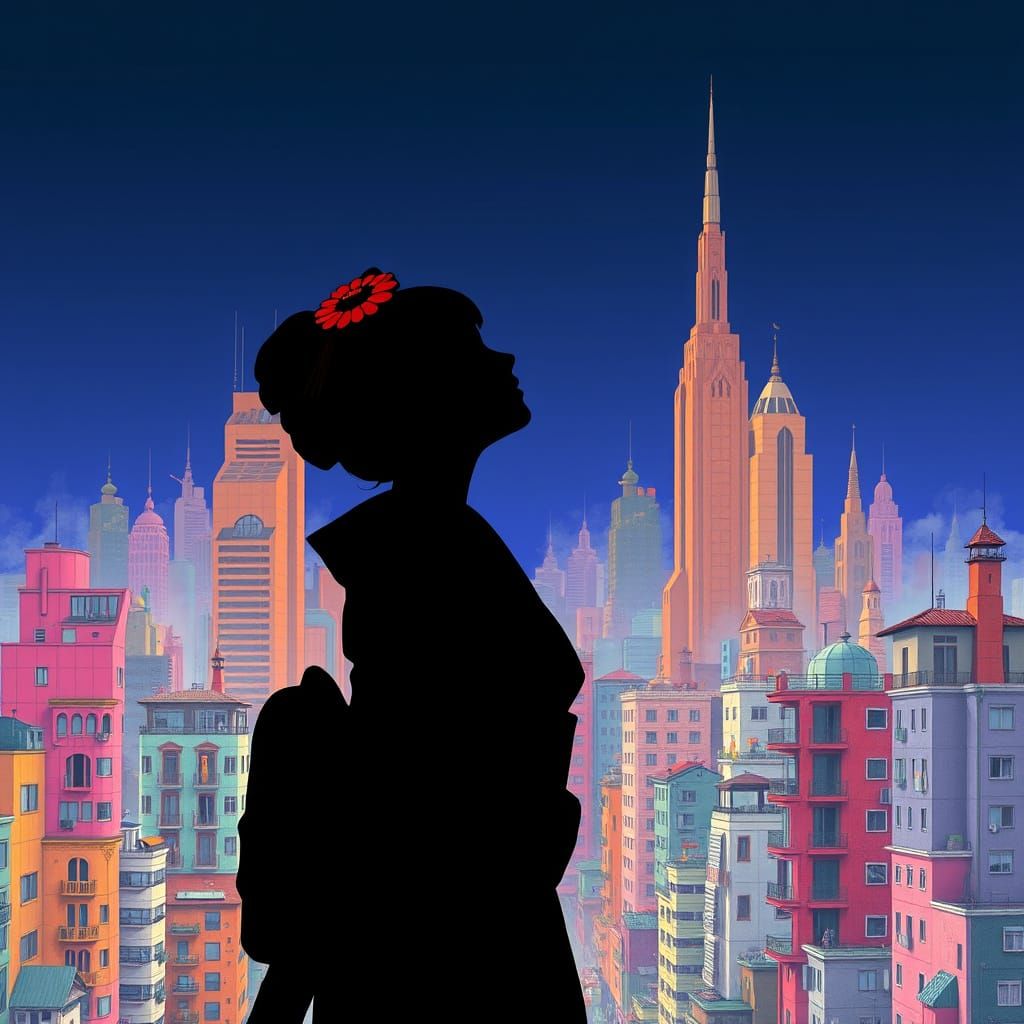 Geisha in Surreal Cityscape: Indie Album Art