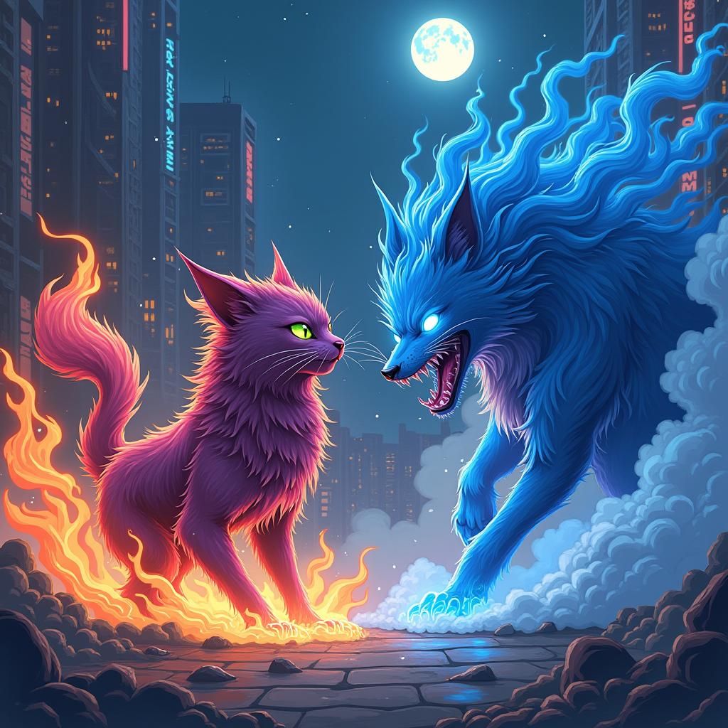 Fiery Cat and Ethereal Dog in Manga Style