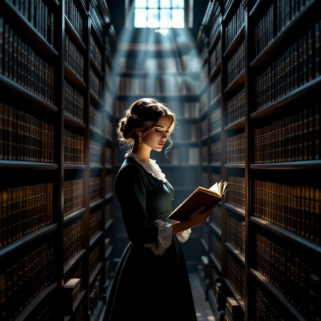 Beautiful Librarian in Dusty Antique Bookstore