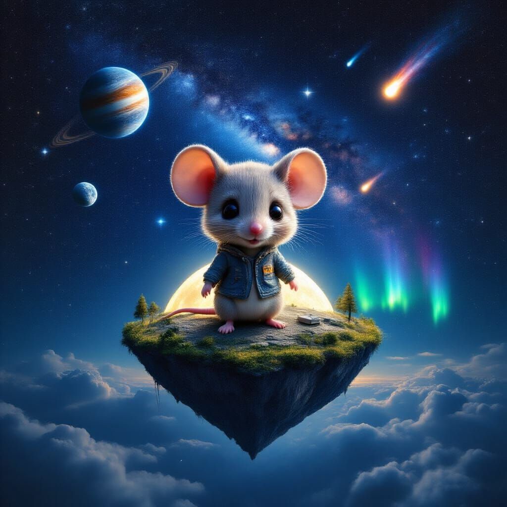 Chibi Mouse on Moon Island Under Starry Sky