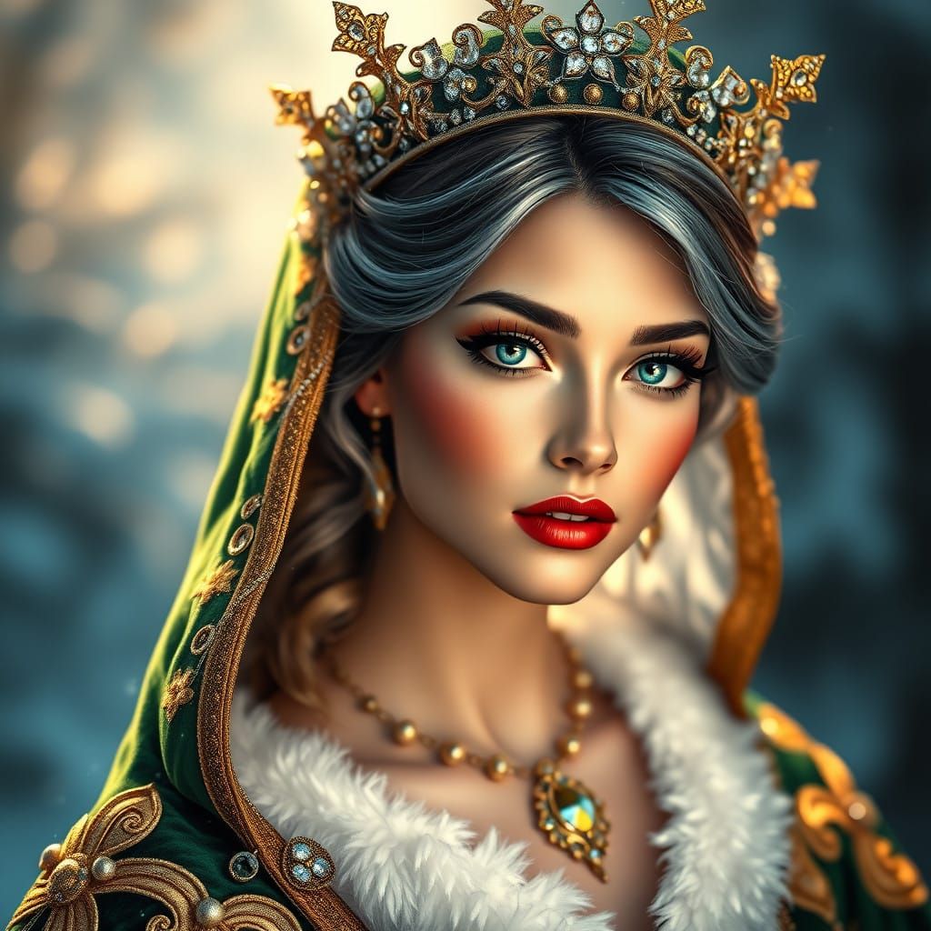 Regal Winter Goddess in Emerald and Gold