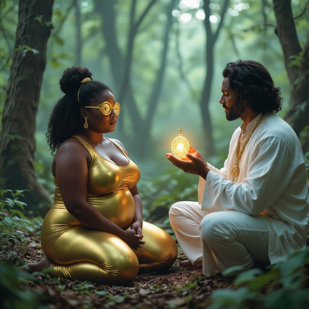 Hypnotic Forest Scene with Glowing Pendant, Cinematic Style