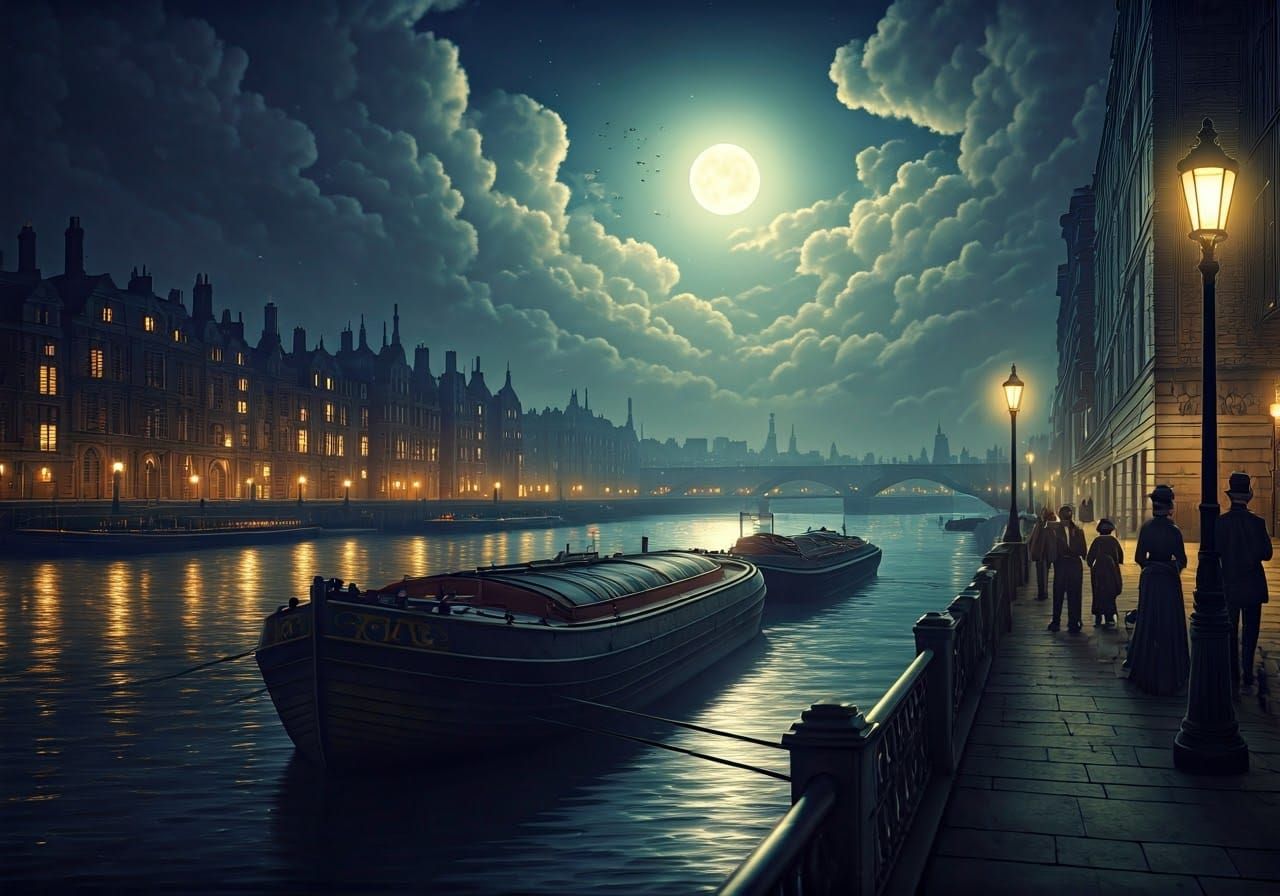 Victorian London Night Scene Under Moonlight