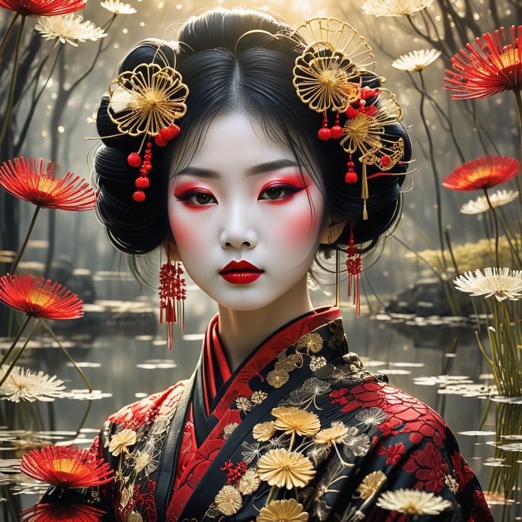 Ornate Geisha Touching Mirrored Reflection: Dark Fantasy Art