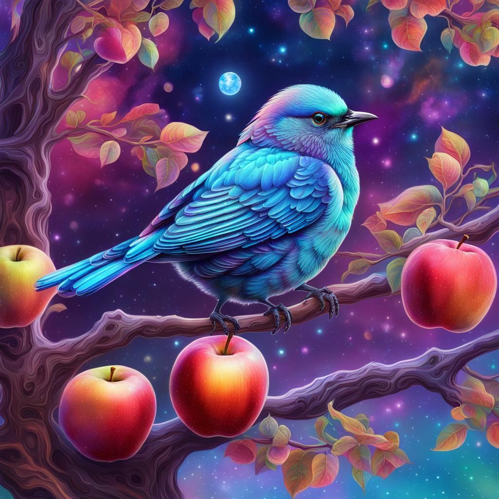 Cosmic Bird on Apple Branch Illustration
