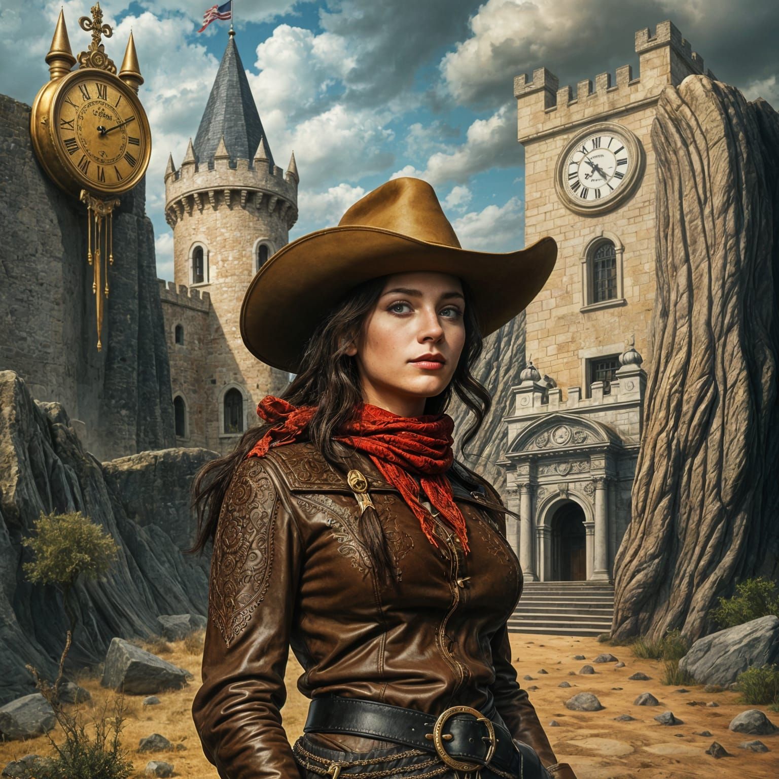 Cowgirl in Surreal Medieval Landscape
