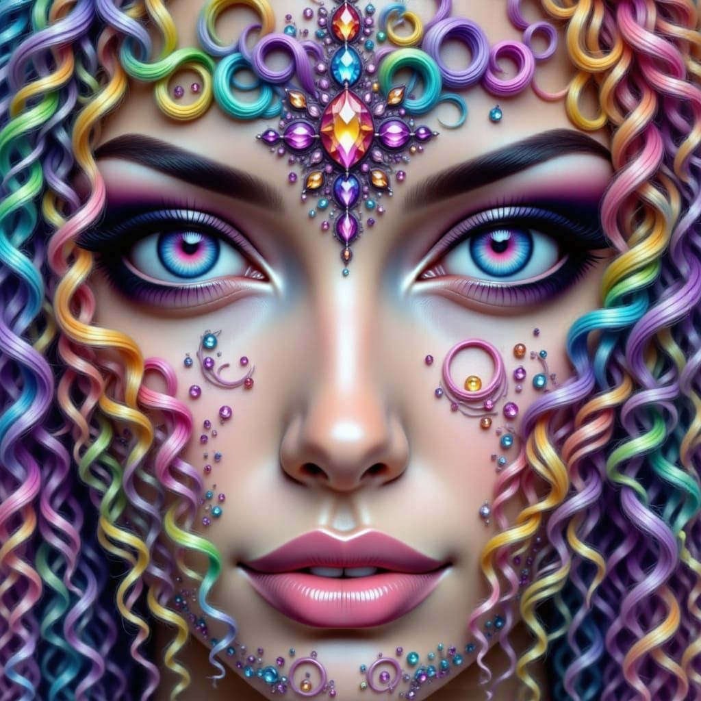 Glamorous Sorceress with Rainbow Hair and Starlight Gown