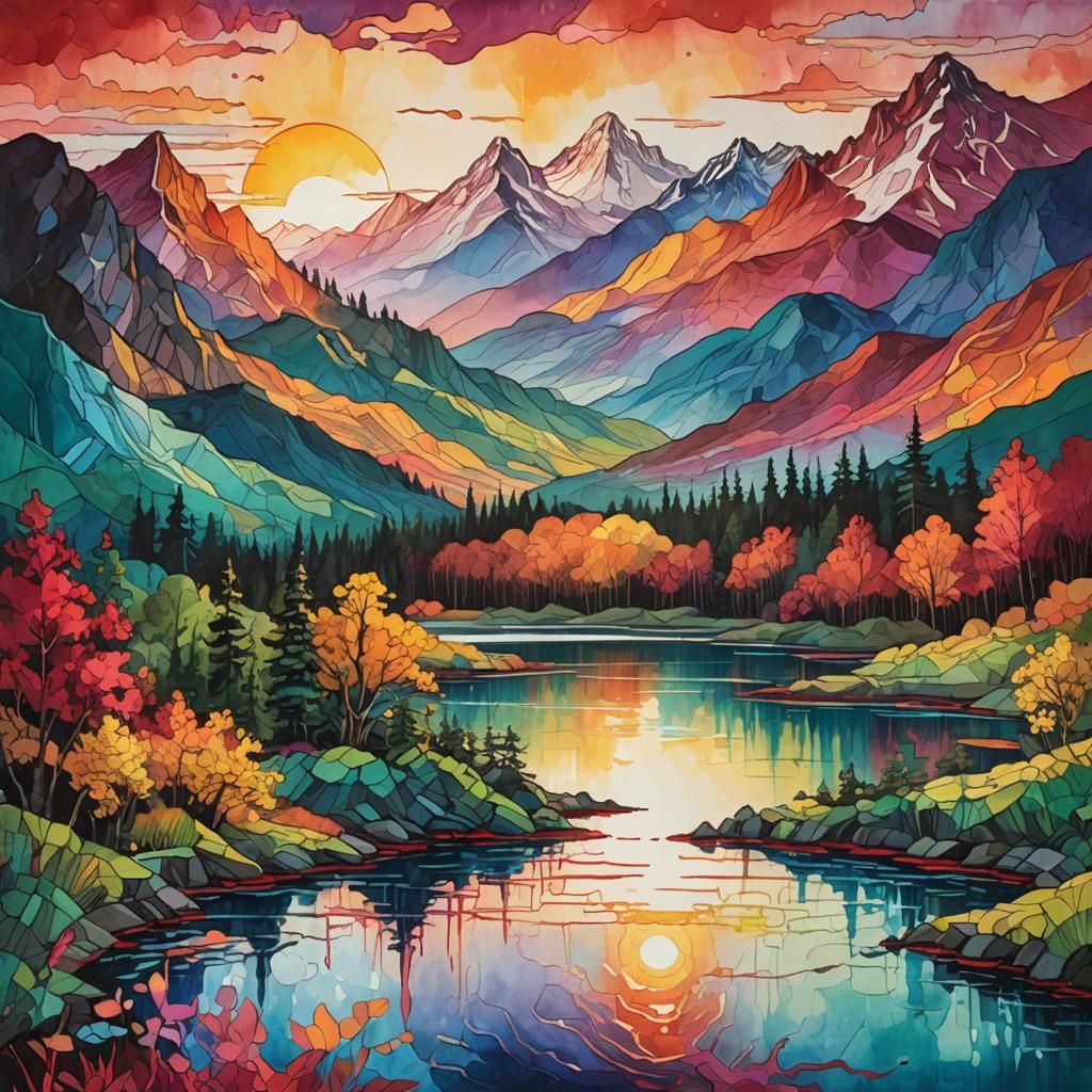 Dreamlike Mountain Lake Landscape in Watercolor Style