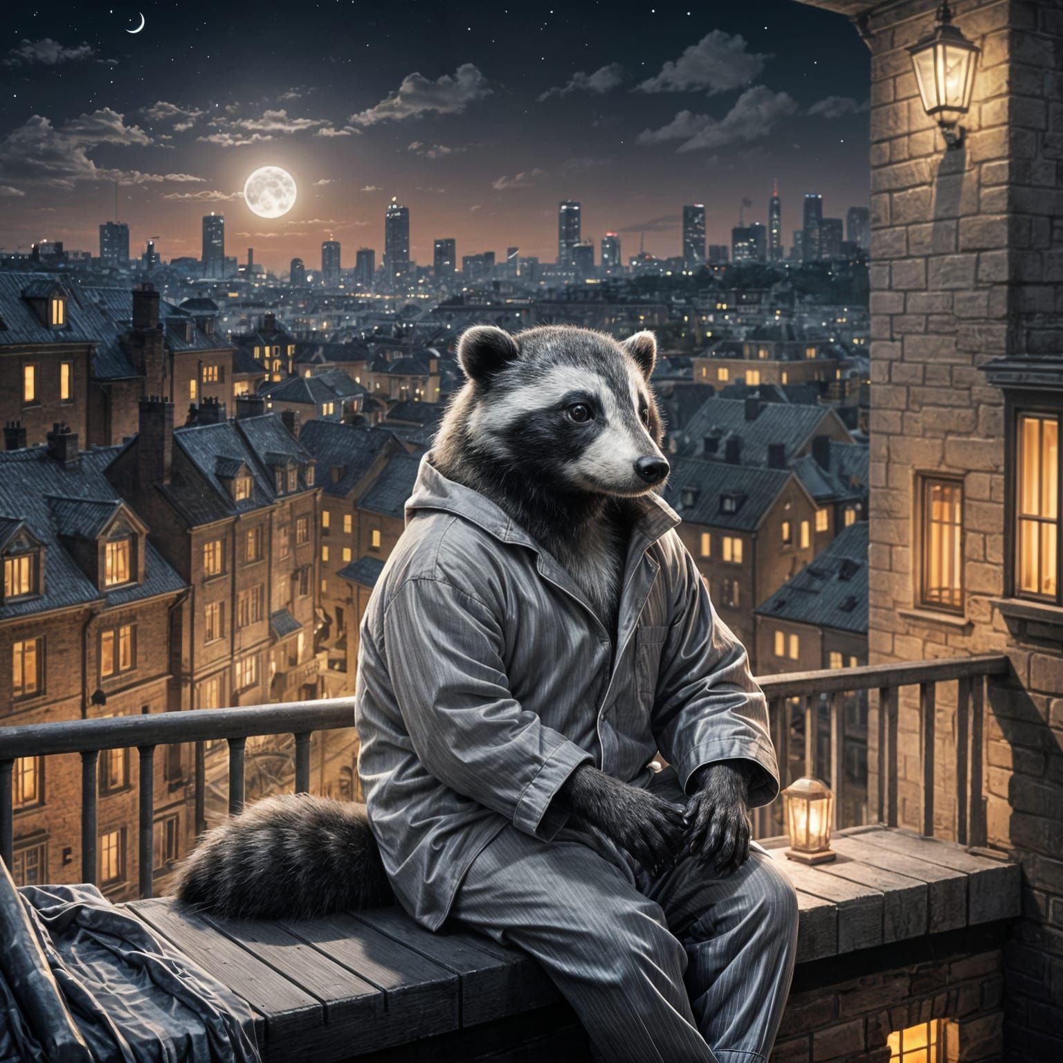 Anthropomorphic Badger Gazing at Night City