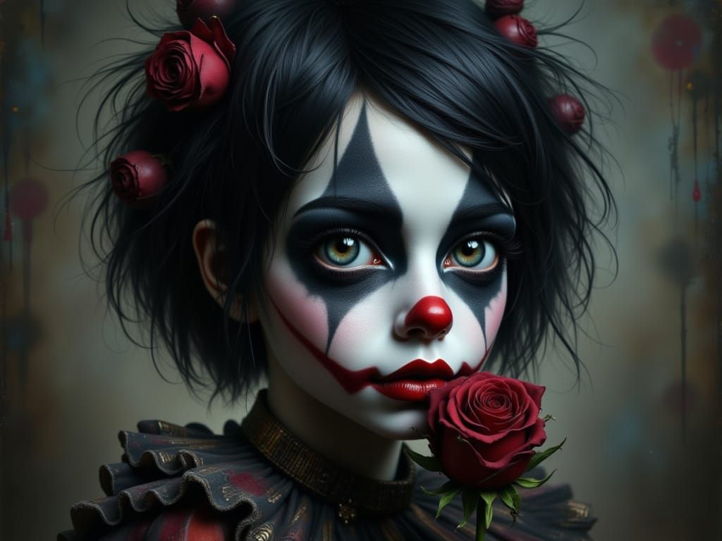 Goth Girl With Clown Makeup Holds Red Rose