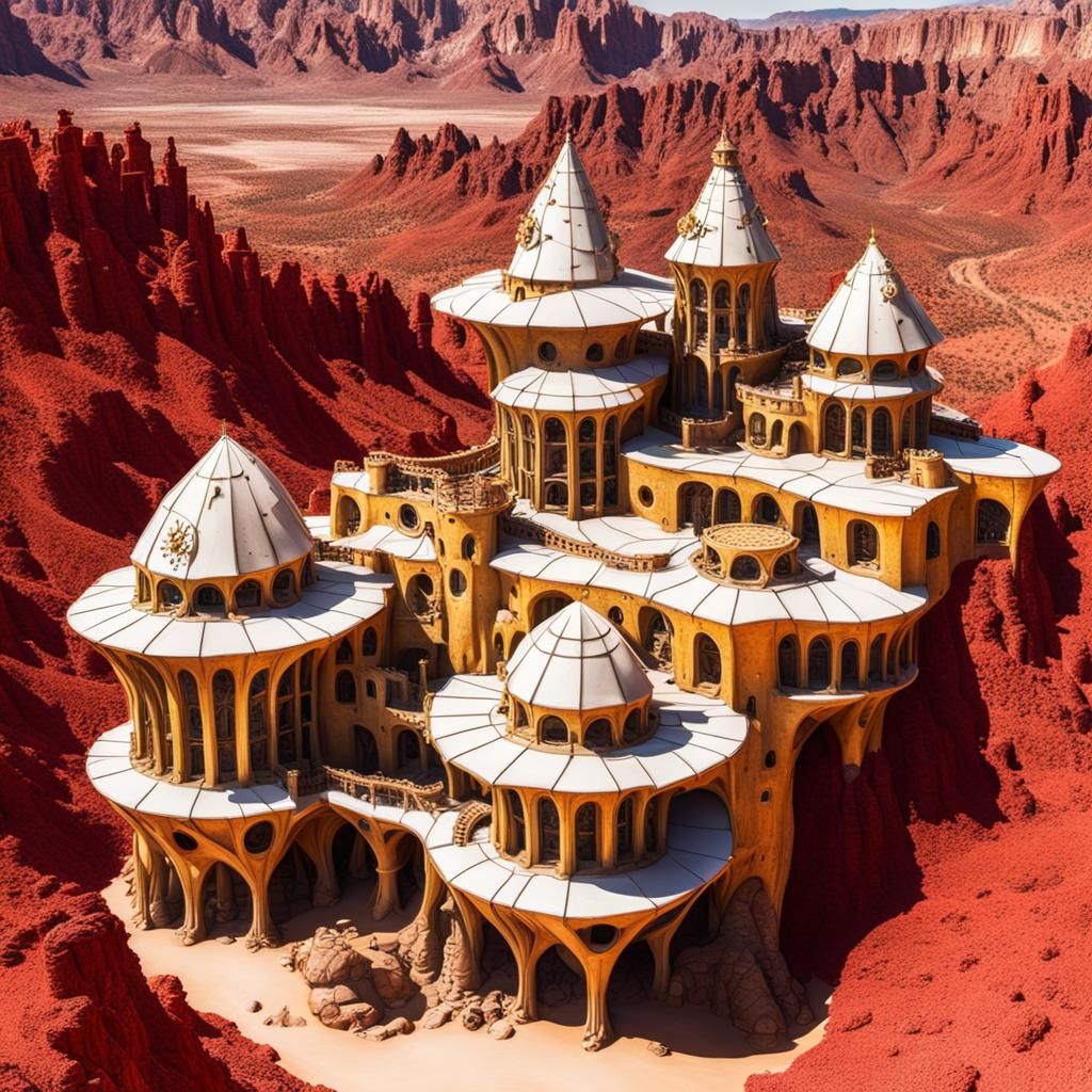 Steampunk Gaudi Castle in Red Desert Canyon