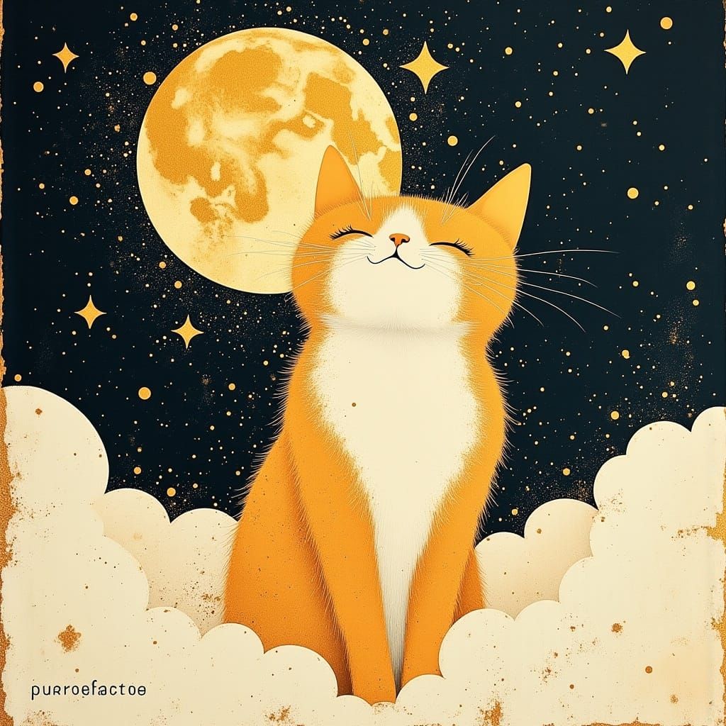 Whimsical Orange Tabby Cat in Golden Clouds