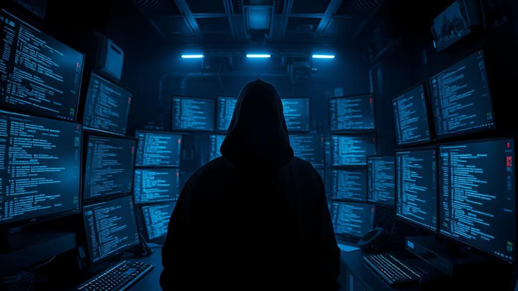 Hacker in Dark Room Surrounded by Monitors