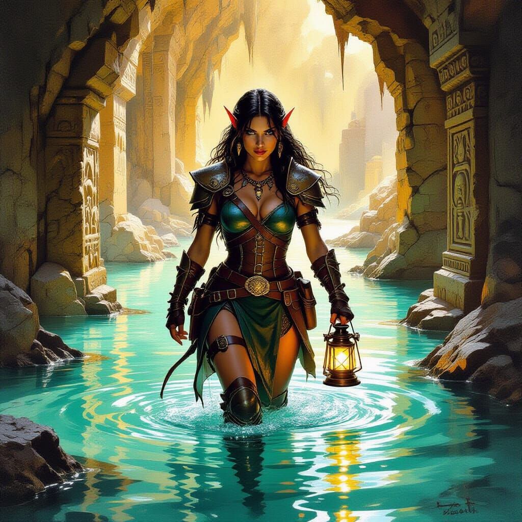 Elf Adventurer in Flooded Ruins, Oil Painting