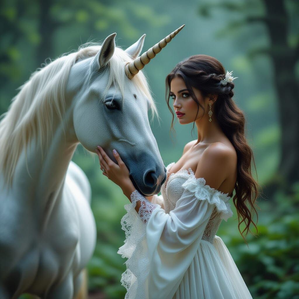 Heroine and Unicorn in Majestic Forest, Cinematic Film