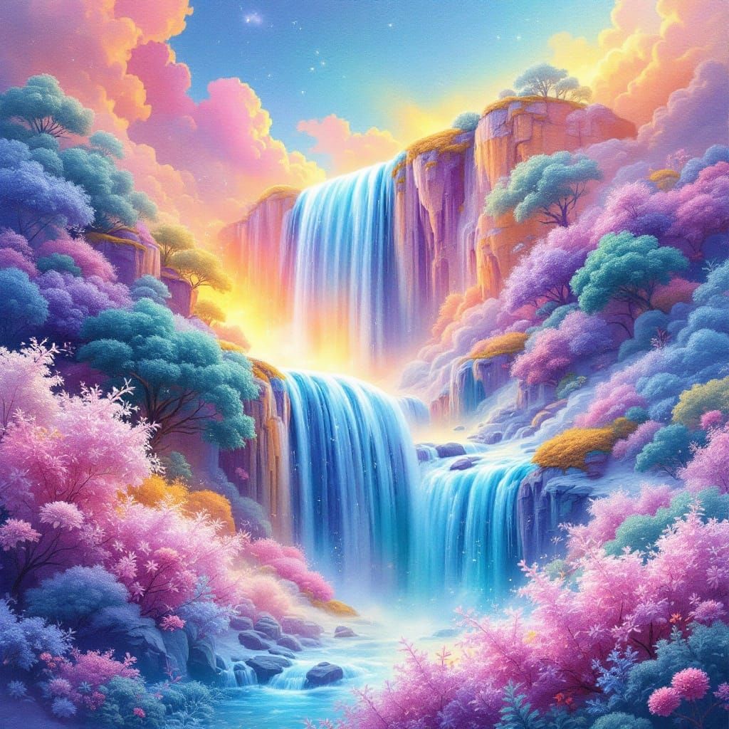 Vibrant Embroidered Waterfall with 3D Shading