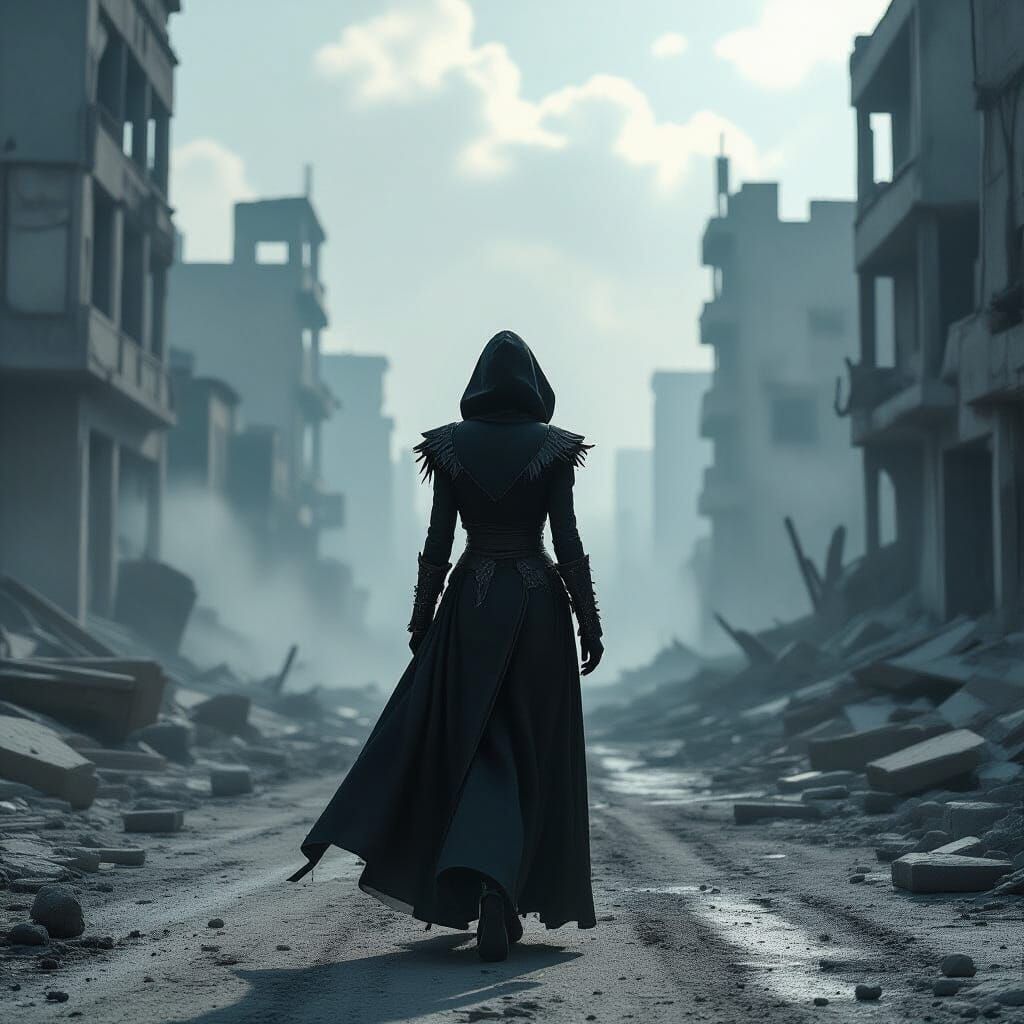 Fashion Figure in Post-Apocalyptic Cityscape