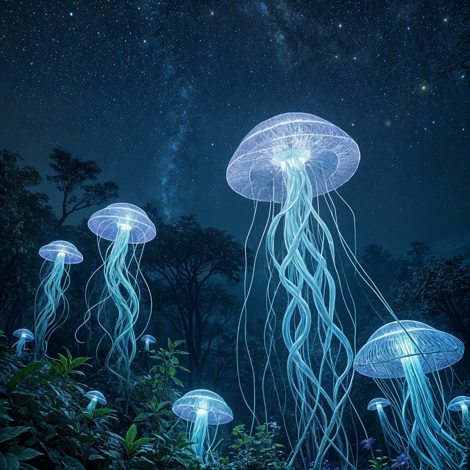 Glowing Jellyfish Forest Under Vibrant Stars