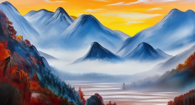 Sunrise Over Rugged Mountains, Wet Brush Painting