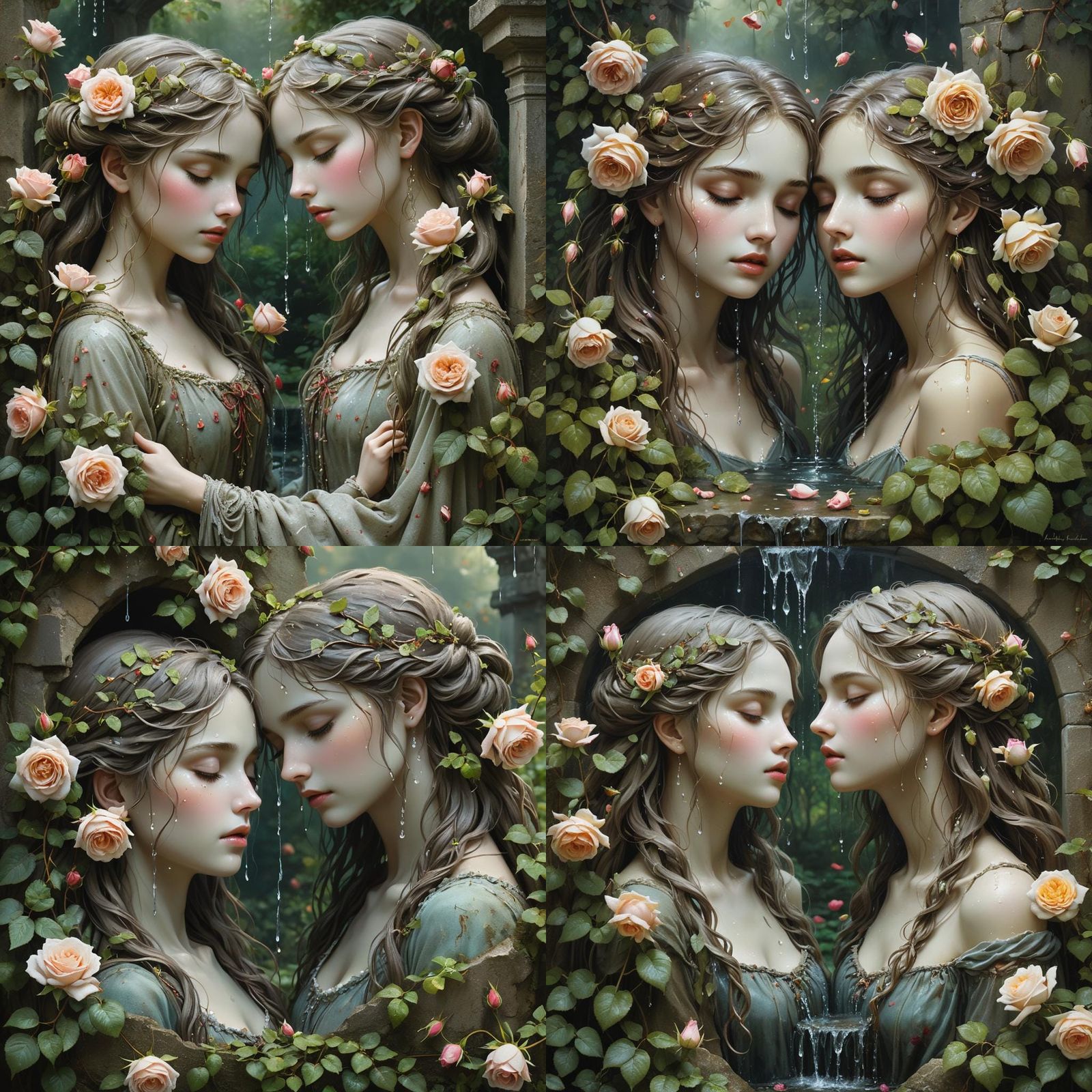 In a mystical garden, tears cascade upon a weathered stone, ...