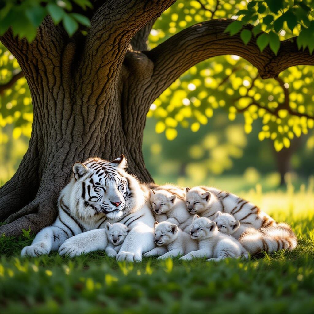 White Fur Tiger-Wolf Hybrid with Cubs Under Tree