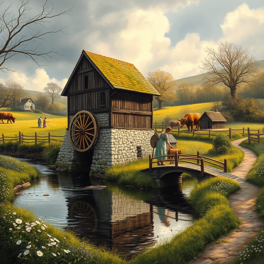Serene English Countryside Watermill Scene in Warm Light