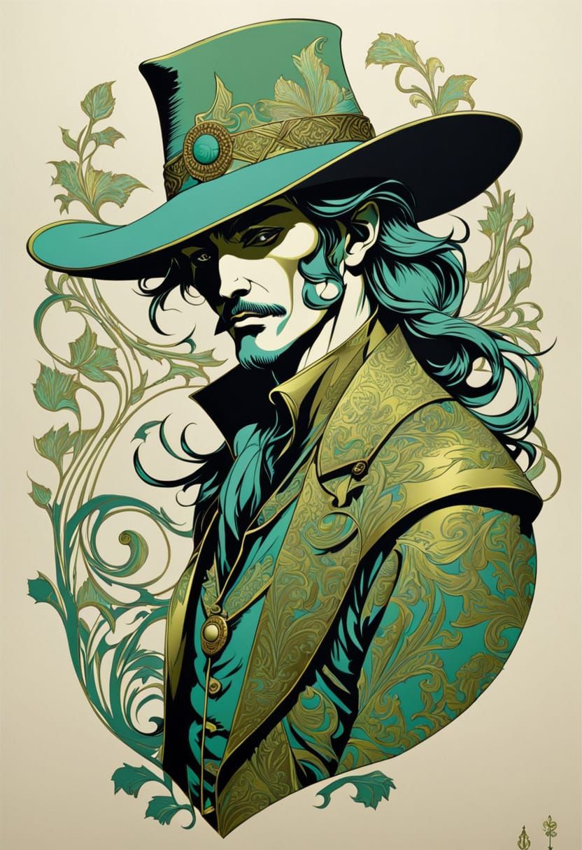 Mysterious Cowboy in Art Nouveau Brass-Etch Silkscreen
