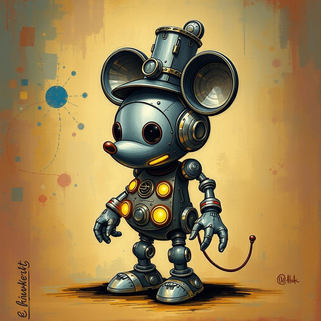 Whimsical Metallic Robot Mickey Mouse in Victorian-Style Cub...