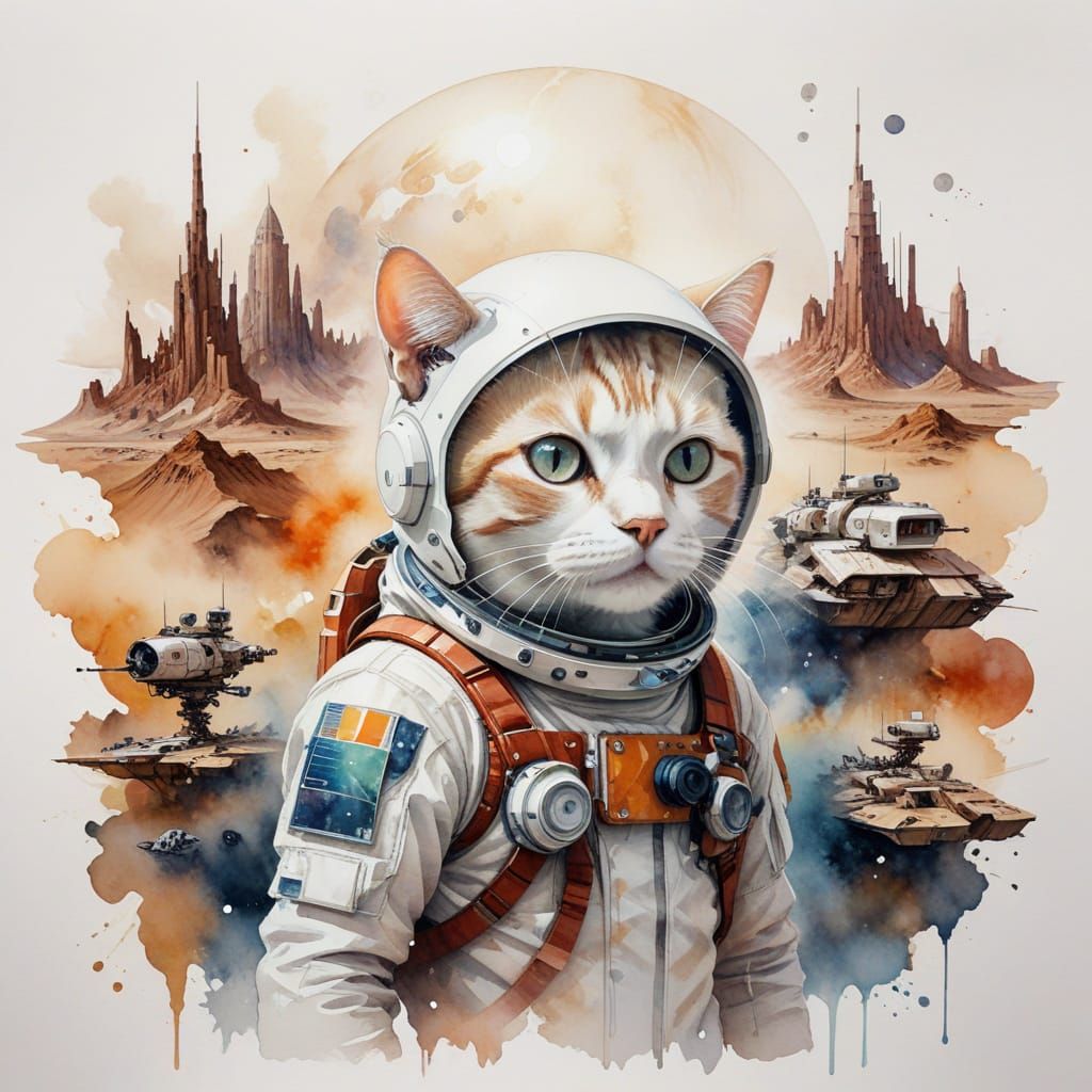 Astronaut Cat on Mars in Watercolor Style