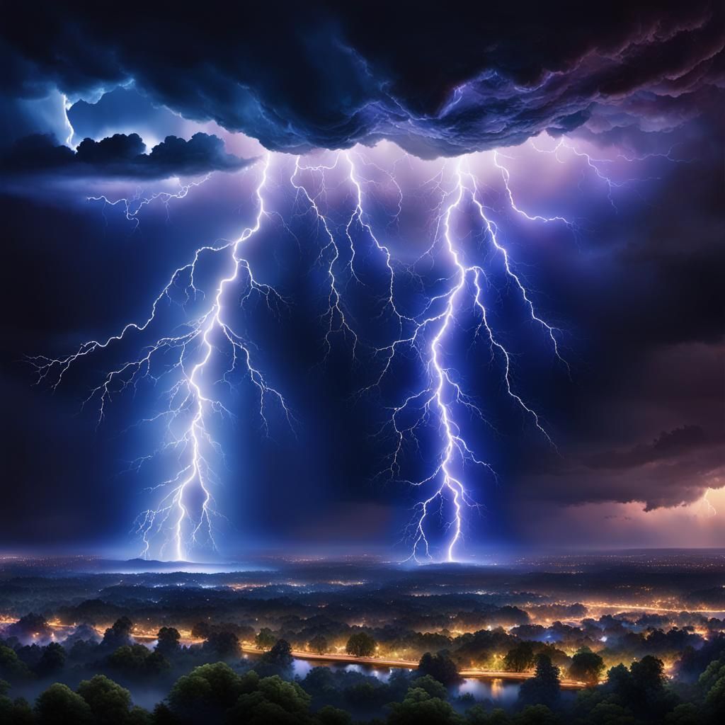 Stormy Mystical Landscape Illuminated by Lightning