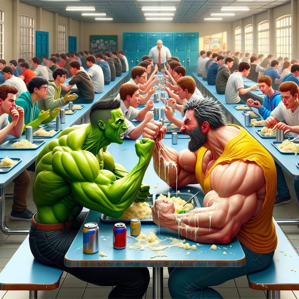 School Cafeteria Food Fight in Romantic Art Style