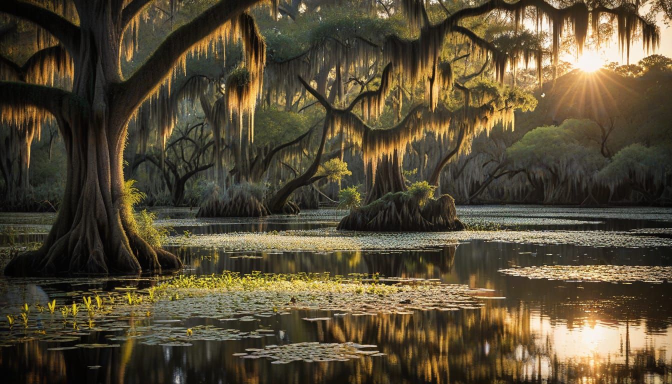 Tranquil Bayou Reflecting Vibrant Sunset in Photograph