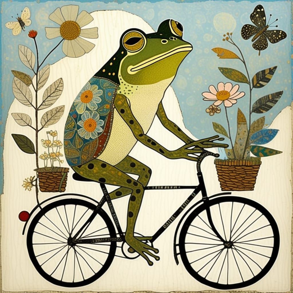 Frog Riding Bicycle in Mixed Media Style