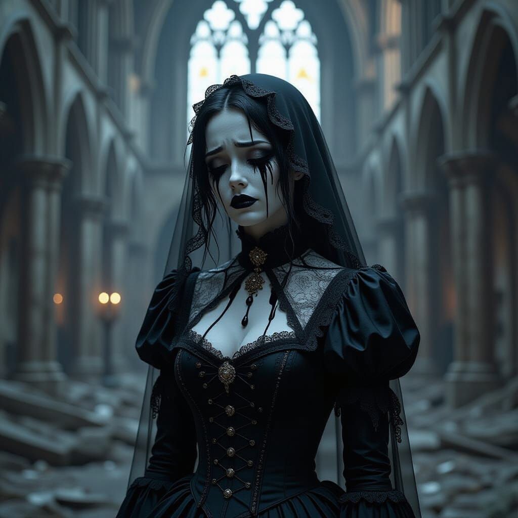 Gothic Android Weeping in Ruined Cathedral