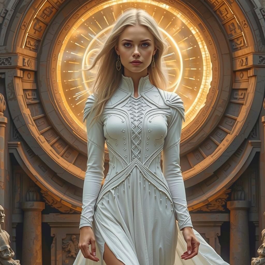 Blond Woman Before Ancient Energy Portal