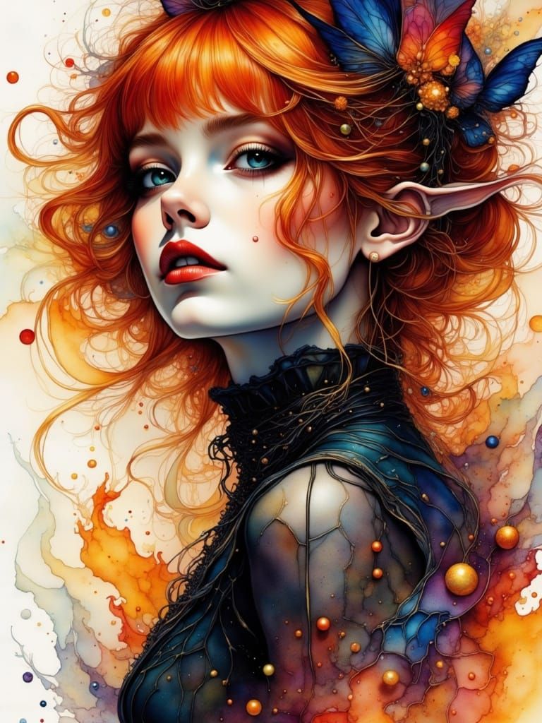 Gothic Surreal Portrait in Watercolor Alcohol Ink Style