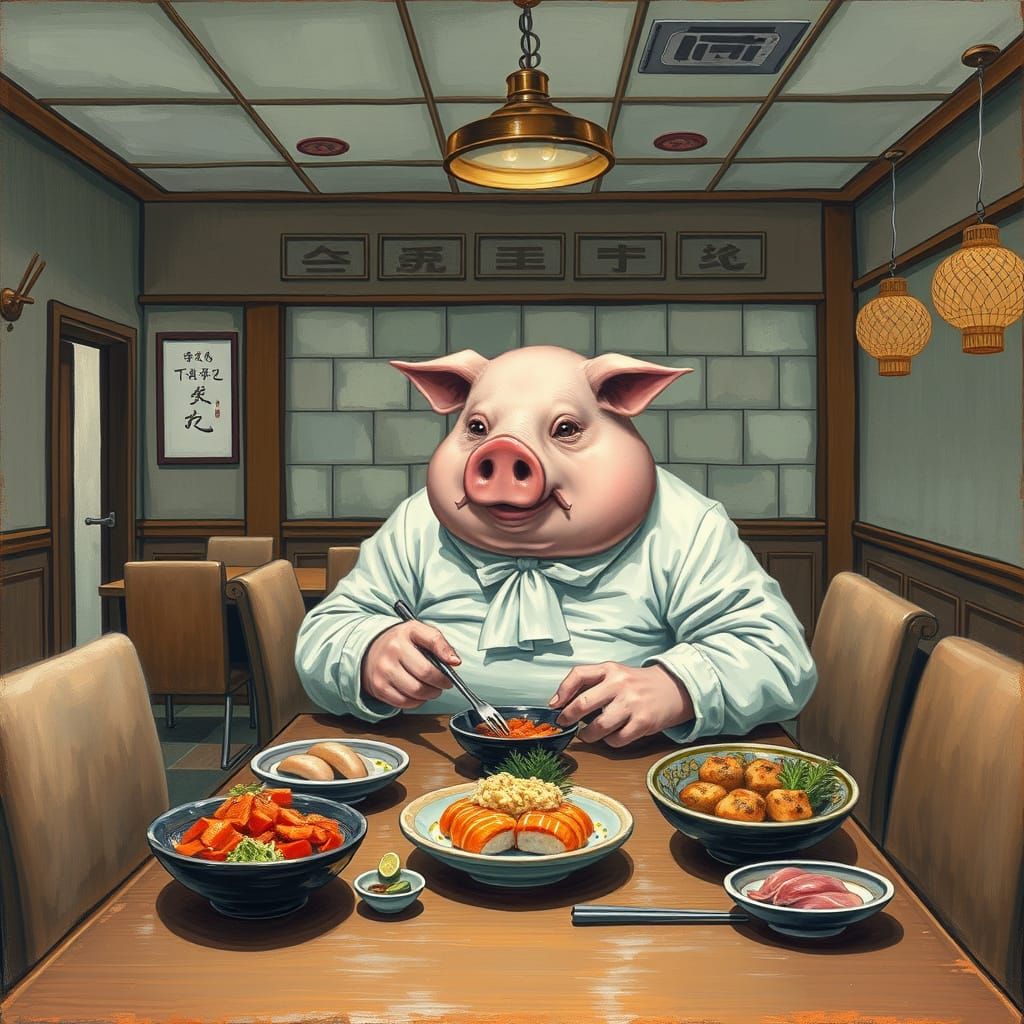 Surreal Sushi Scene: A Pig's Head at a Secluded Table