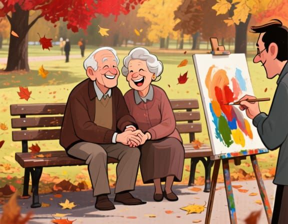 Funny Caricature of an Old Couple in Autumn Park