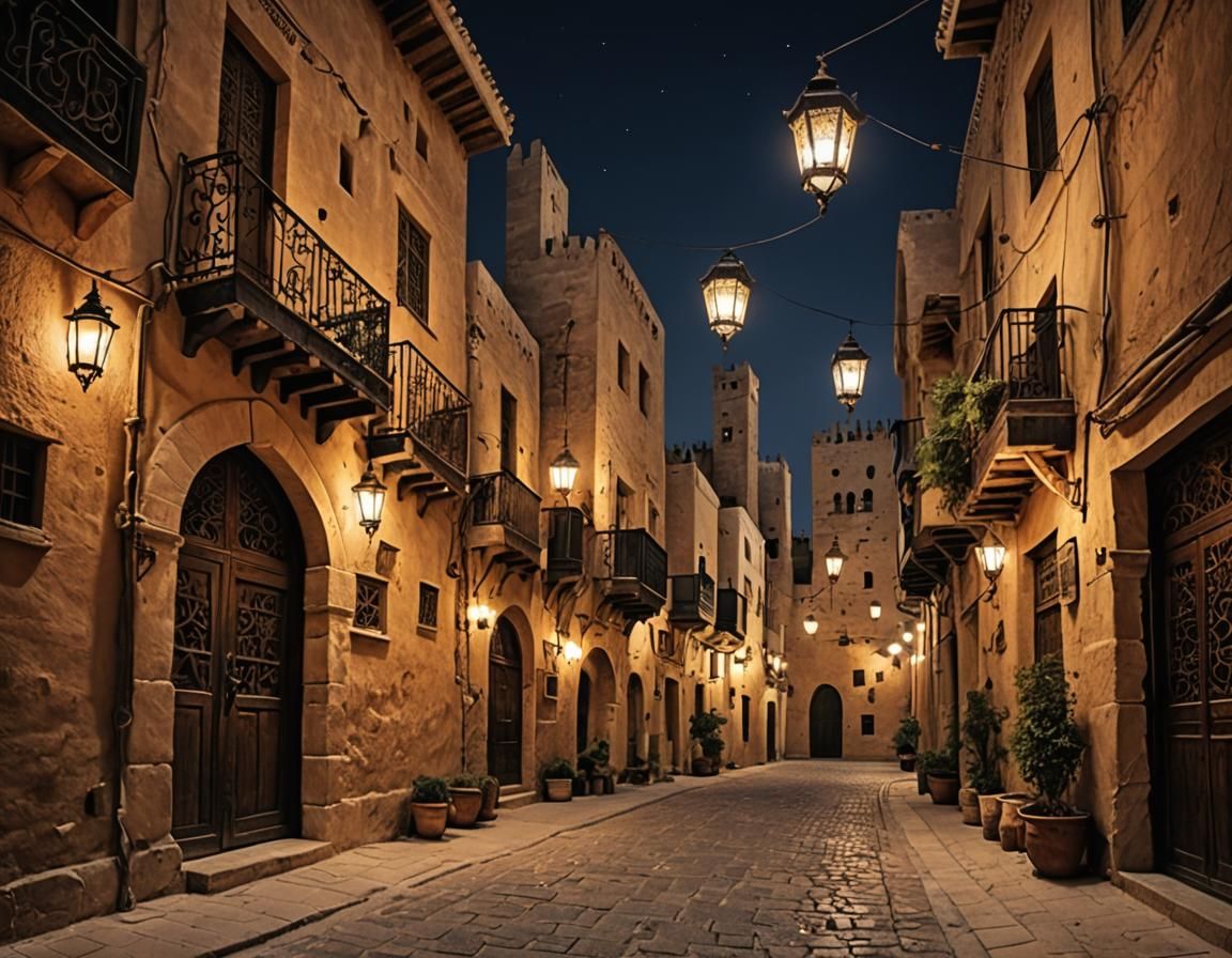 Night Street Scene in Medieval Arab Style