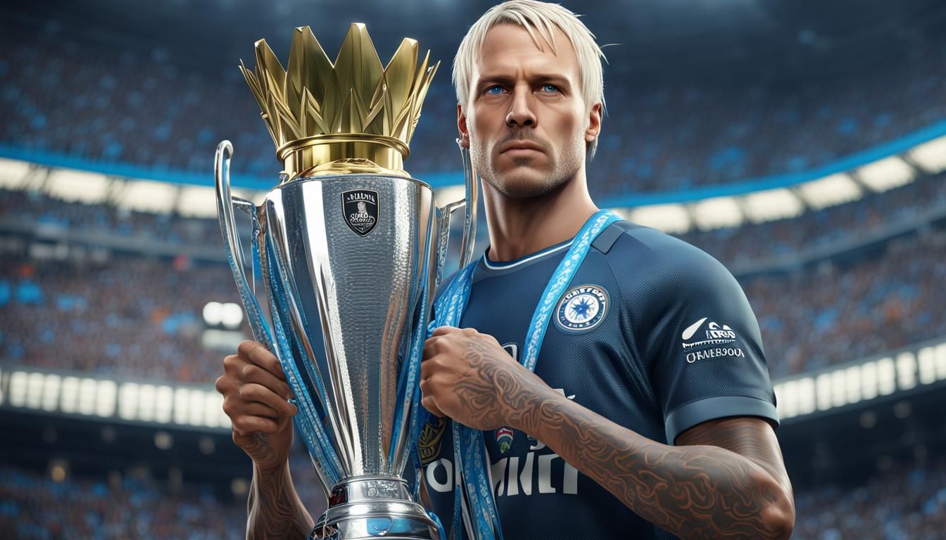 Football Player in Front of UCL Trophy