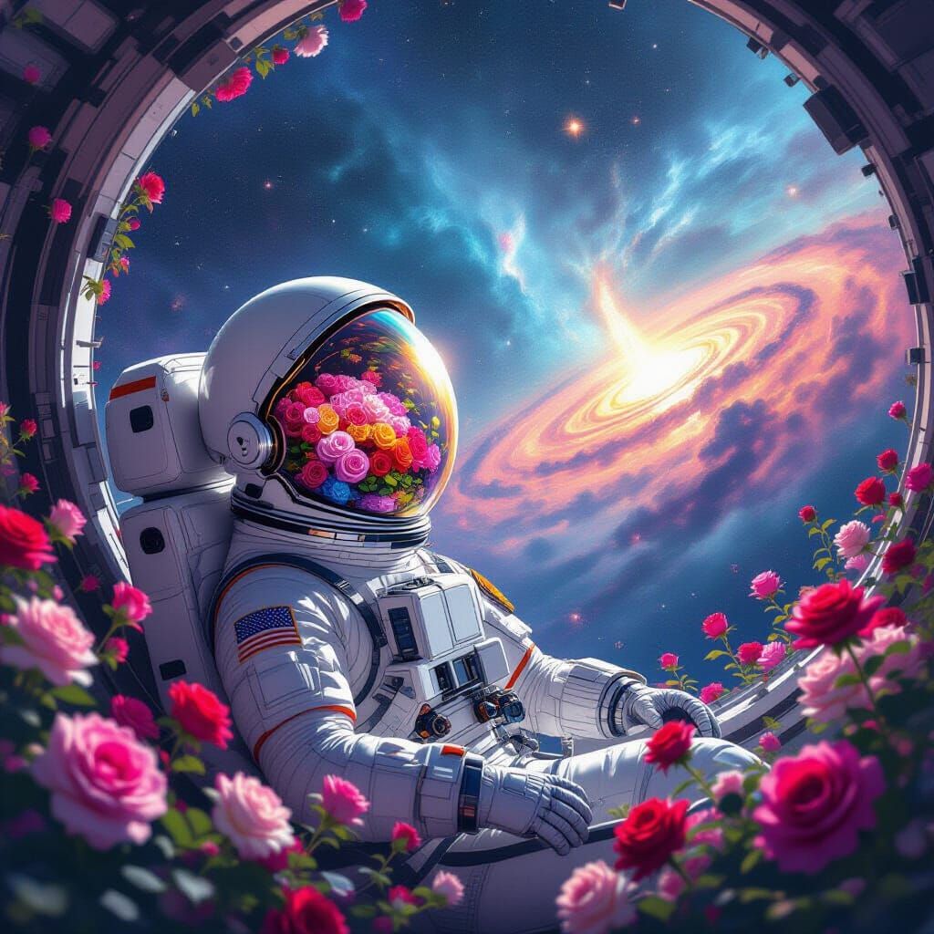 Astronaut's Helmet Reflects Cosmic Rose Garden