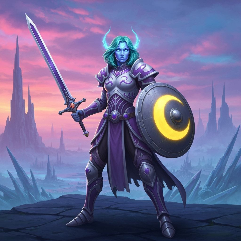 Fantasy Warrior with Crescent Shield in Video Game Art Style