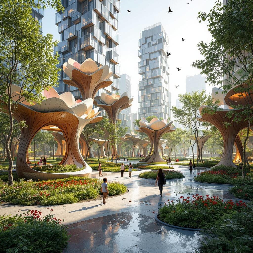 Futuristic Urban Park with Organic Flower Structures