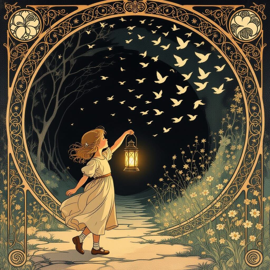 Art Nouveau Girl with Lantern and Birds Under Starry Sky